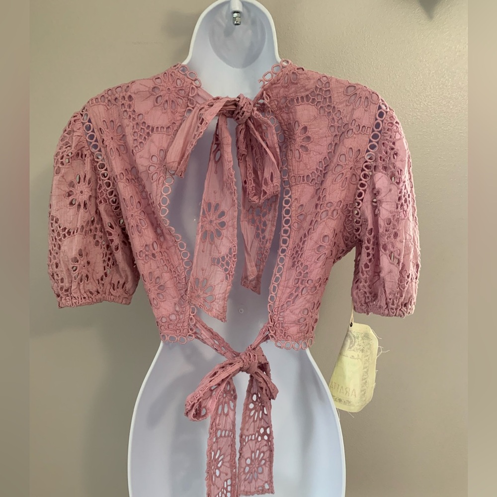 NWT Aratta Lace Crochet Puff Sleeve Crop Top - Dusty Rose - Picture 12 of 16